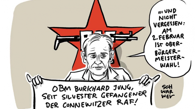 20200102_Schwarwel_Silvesternacht_Connewitz_RAF-Vergleich_OBM_Jung „Auseinandersetzungen in Silvesternacht am Connewitzer Kreuz befeuern Debatte über linksextreme Gewalt im Leipziger OB-Wahlkampf: Leipzigs OBM Jung fühlt sich durch November-Anschlag an RAF erinnert“ www.schwarwel-karikatur.com #le3112 #connewitz #le0101 #schwarwel