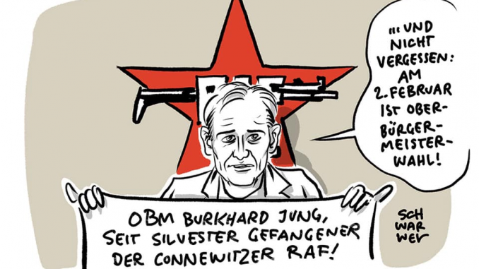 „Auseinandersetzungen in Silvesternacht am Connewitzer Kreuz befeuern Debatte über linksextreme Gewalt im Leipziger OB-Wahlkampf: Leipzigs OBM Jung fühlt sich durch November-Anschlag an RAF erinnert“ www.schwarwel-karikatur.com #le3112 #connewitz #le0101 #schwarwel