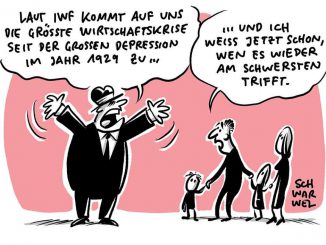 „Düstere Vorhersage des IWF: Die größte Krise seit der Großen Depression“ © www.schwarwel-karikatur.com