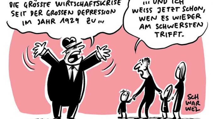 93035268_2880646978678874_7606250144773701632_o „Düstere Vorhersage des IWF: Die größte Krise seit der Großen Depression“ © www.schwarwel-karikatur.com