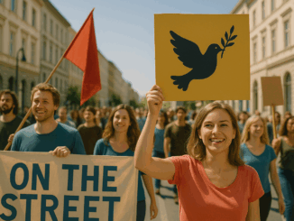Friedliche Demonstration für den Frieden – mit Symbolen wie der Friedenstaube und roten Fahnen senden die Menschen ein Signal der Zuversicht. Quelle: KI-generiert mit DALL·E/ChatGPT.