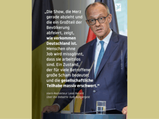 Friedrich Merz während einer Rede im Bundestag. Das begleitende Zitat kritisiert die aktuelle Debatte um das Bürgergeld als Ausdruck gesellschaftlicher Verrohung. Quelle: POOL / Getty Images