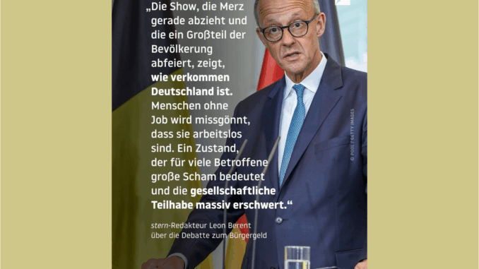 Friedrich Merz während einer Rede im Bundestag. Das begleitende Zitat kritisiert die aktuelle Debatte um das Bürgergeld als Ausdruck gesellschaftlicher Verrohung. Quelle: POOL / Getty Images