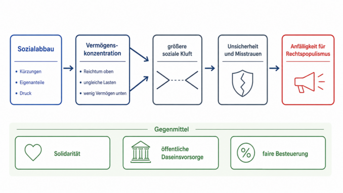 Sozialabbau, Vermögenskonzentration und Misstrauen treiben die soziale Kluft auseinander. Der Essay zeigt: Demokratie braucht Solidarität, öffentliche Daseinsvorsorge und faire Besteuerung statt Entsolidarisierung und Rechtsruck. Grafik: ChatGPT