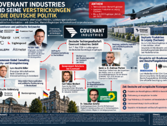Das Netzwerk um Covenant Industries: Investoren, Lobbyisten, frühere Bundeswehr- und Bundestagsmitarbeiter sowie politische Kontakte in Deutschland. Grafik: KI-generiert mit ChatGPT/OpenAI auf Basis der im Beitrag genannten Quellen.